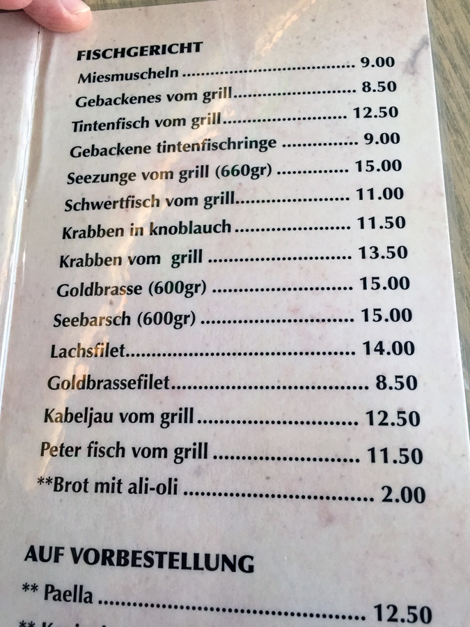 Speisekarte Fischgerichte