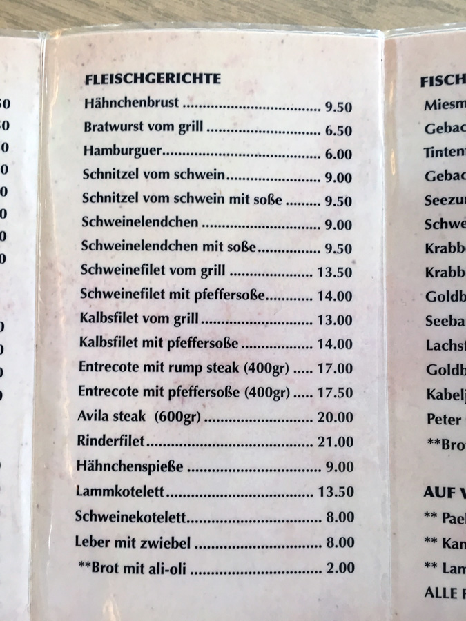 Speisekarte Fleischgerichte