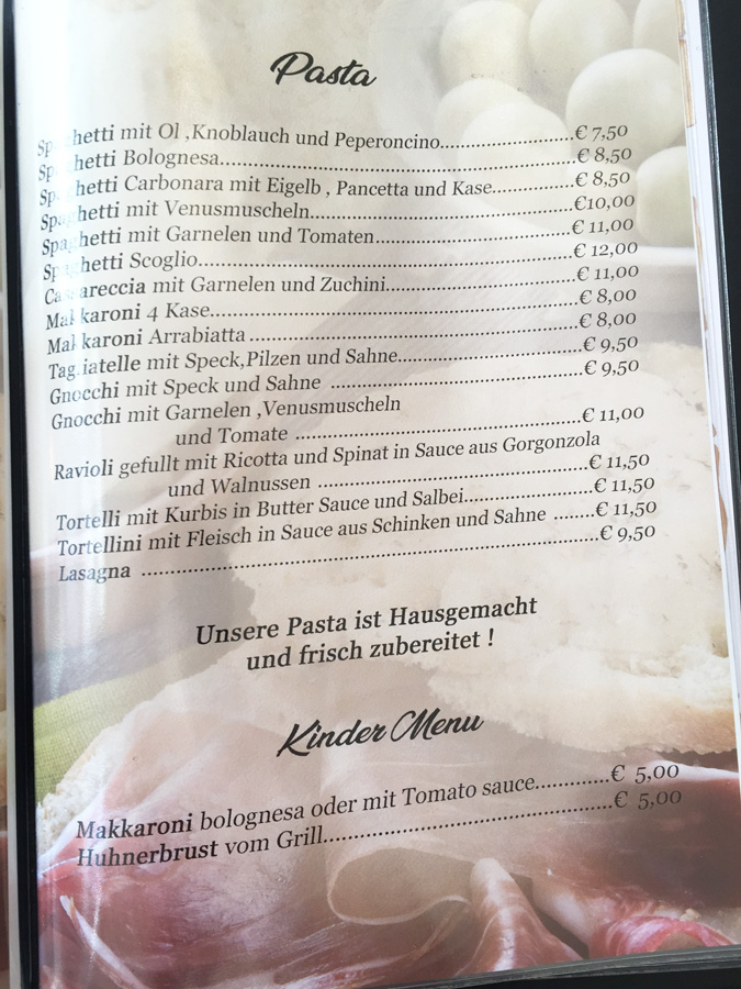 Speisekarte Pasta